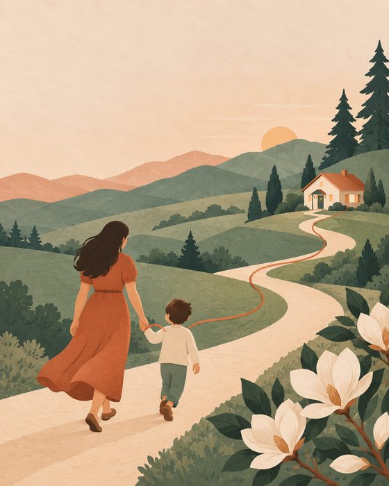 Illustration of a parent and young child walking hand in hand along a winding path through the Georgia hills toward a welcoming home, linked to it by a terracotta thread.